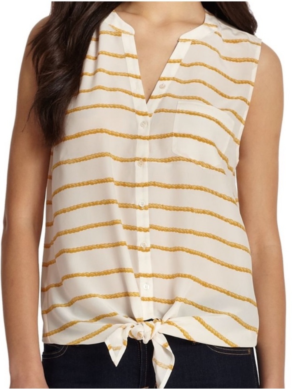 Joie Rope Print Edalette Sleeveless Silk Button Down Tie-Front Blouse, Small